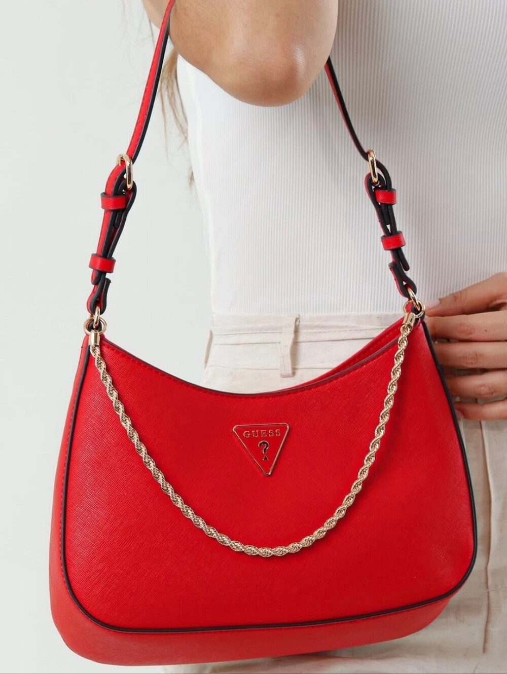Guess Red Shoulder Bag with Gold Chain Accent